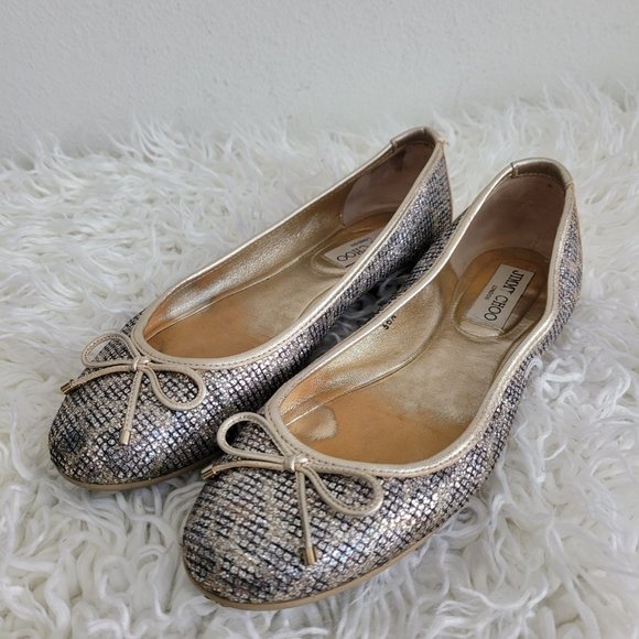 Jimmy Choo Gold Glitter Bow Ballet Size 36 1/2 - Picture 2 of 11